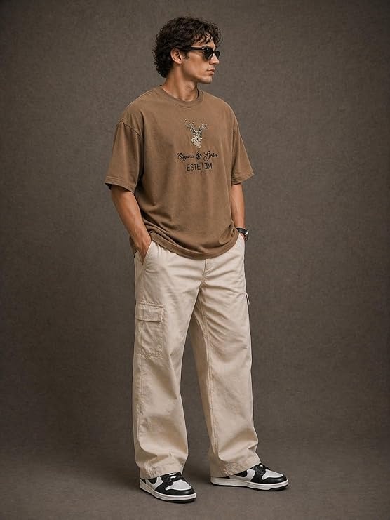 Embroidery Mens Tshirt Brown-XXL