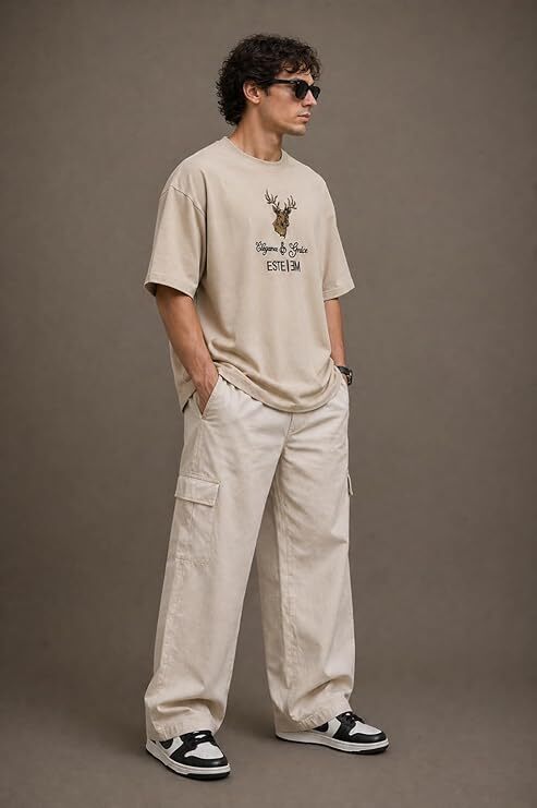 Embroidery Mens Tshirt Beige-XXL