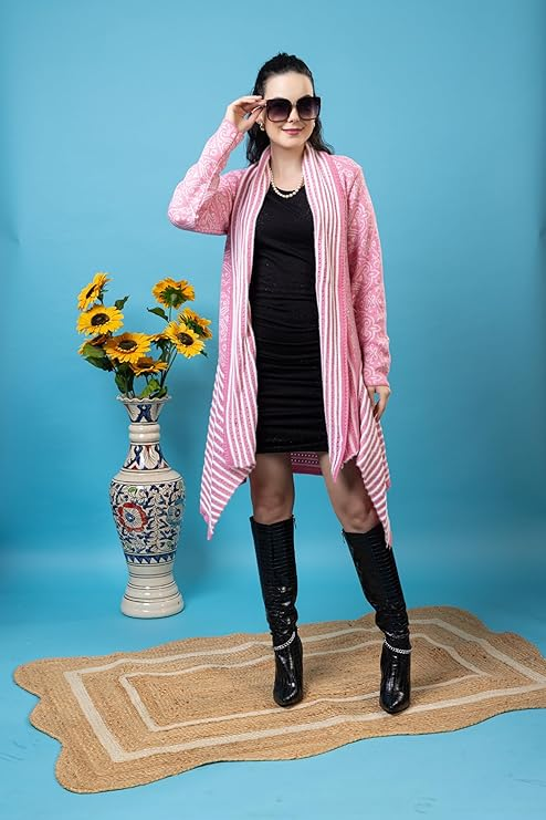 Fashionable Women's Long Knit Cardigan for Casual & Office Wear- Pink -Size- XXL