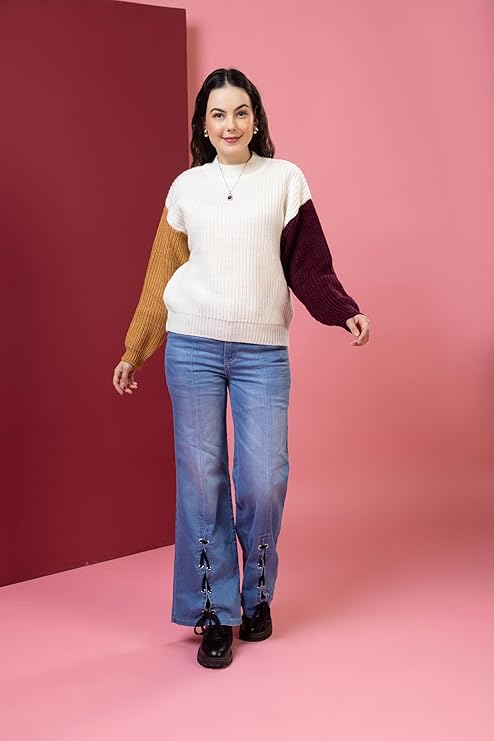 Women's Color Block Ribbed Knit Sweater with Full Sleeves - Musturd Mehroon - Size- XXL