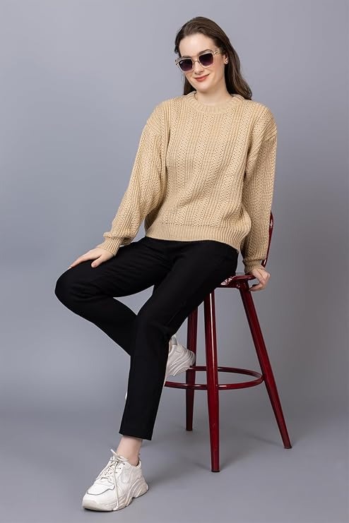 Ladies Casual Cable Knit Winter Sweater for Everyday Wear - Beige - Size- XXL