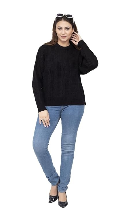 Ladies Casual Cable Knit Winter Sweater for Everyday Wear - Black- Size- XXL