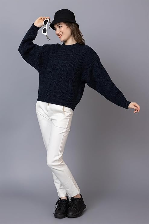 Ladies Casual Cable Knit Winter Sweater for Everyday Wear - Navy Blue- Size- XL