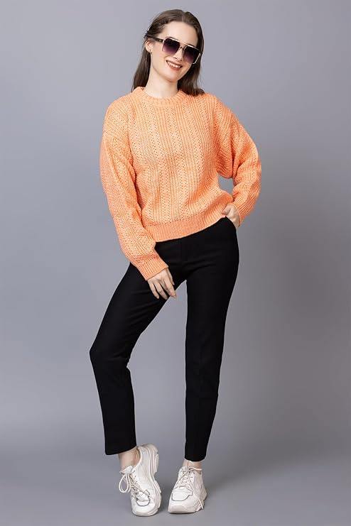 Ladies Casual Cable Knit Winter Sweater for Everyday Wear - Orange- Size- XXL
