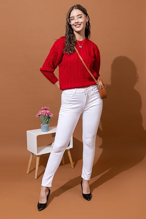 Ladies Soft Knit Winter Sweater for Casual & Everyday Wear- Red- Size-XL