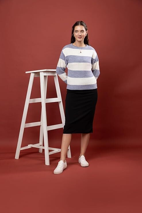 Women's Color Block Striped Sweater | Soft Knitted Round Neck Full Sleeve Pullover | Warm Casual Winter Wear Top for Women - Aqua Blue- Size-XXL