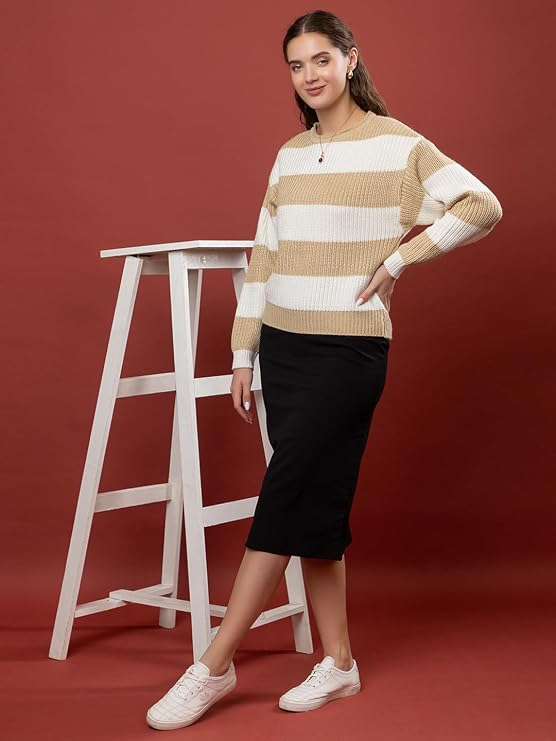 Women's Color Block Striped Sweater | Soft Knitted Round Neck Full Sleeve Pullover | Warm Casual Winter Wear Top for Women - Camel- Size-XXL