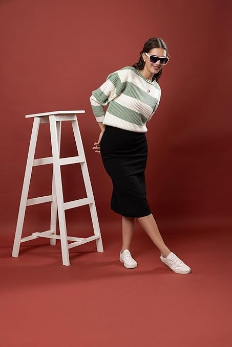 Women's Color Block Striped Sweater | Soft Knitted Round Neck Full Sleeve Pullover | Warm Casual Winter Wear Top for Women - Pista- Size-XXL