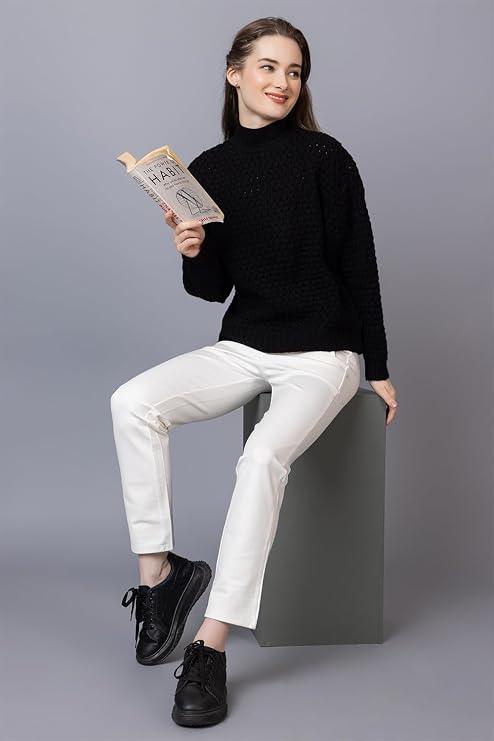 Women's Chunky Cable Knit Sweater | High Neck Full Sleeve Winter Pullover | Soft Warm Casual Knit Top for Women | Black | Size-XXL