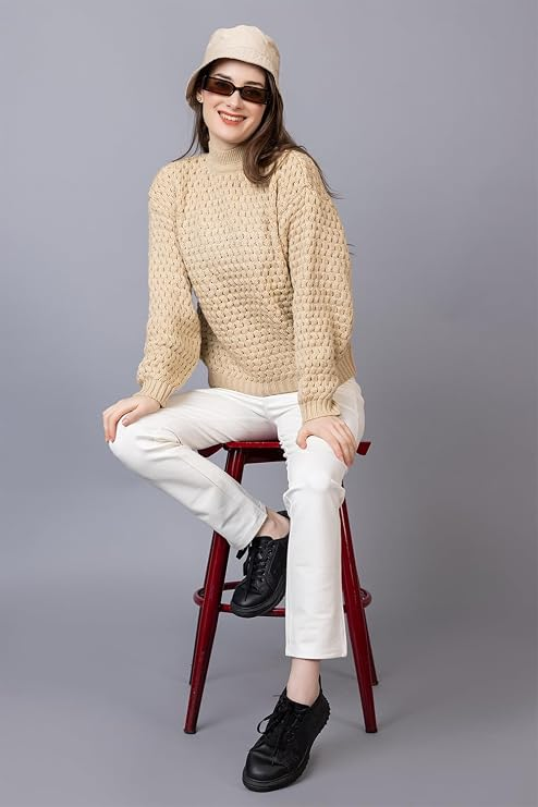 Women's Chunky Cable Knit Sweater | High Neck Full Sleeve Winter Pullover | Soft Warm Casual Knit Top for Women | Camel | Size-XXL