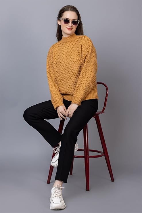 Women's Chunky Cable Knit Sweater | High Neck Full Sleeve Winter Pullover | Soft Warm Casual Knit Top for Women | Gold | Size-XXL