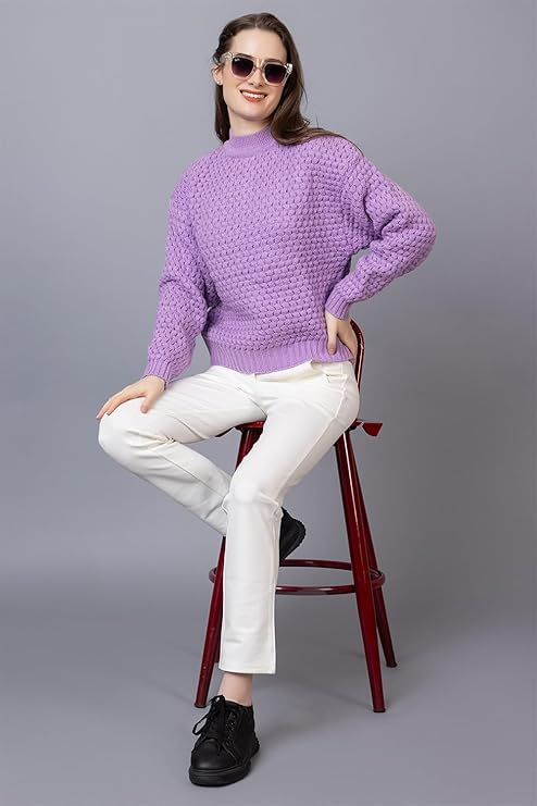 Women's Chunky Cable Knit Sweater | High Neck Full Sleeve Winter Pullover | Soft Warm Casual Knit Top for Women | Lavender | Size-XXL