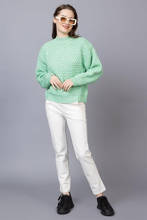 Women's Chunky Cable Knit Sweater | High Neck Full Sleeve Winter Pullover | Soft Warm Casual Knit Top for Women | Light Green | Size-S
