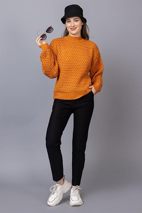 Women's Chunky Cable Knit Sweater | High Neck Full Sleeve Winter Pullover | Soft Warm Casual Knit Top for Women | Musturd | Size-XXL
