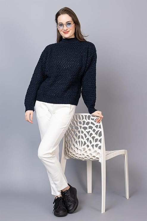 Women's Chunky Cable Knit Sweater | High Neck Full Sleeve Winter Pullover | Soft Warm Casual Knit Top for Women | Navy Blue | Size-XXL