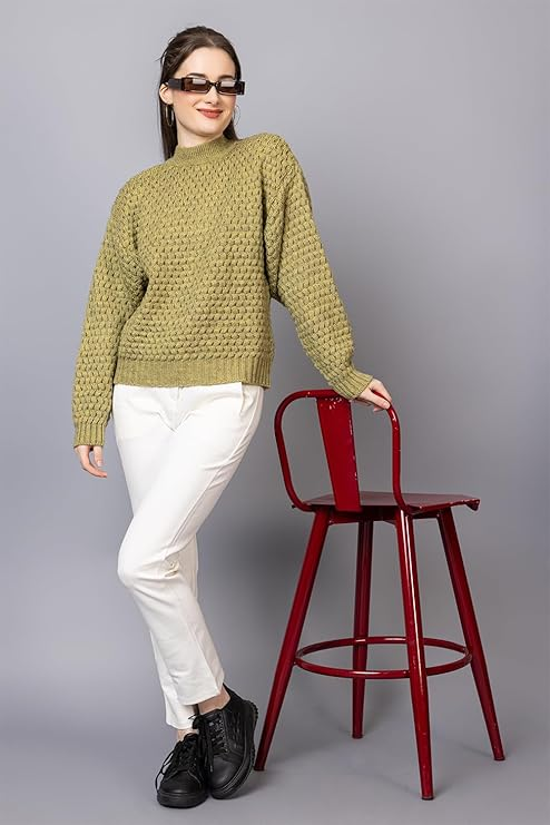 Women's Chunky Cable Knit Sweater | High Neck Full Sleeve Winter Pullover | Soft Warm Casual Knit Top for Women | Olive | Size-XXL