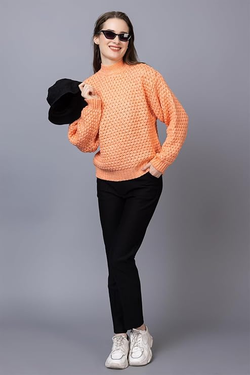 Women's Chunky Cable Knit Sweater | High Neck Full Sleeve Winter Pullover | Soft Warm Casual Knit Top for Women | Orange | Size-XXL