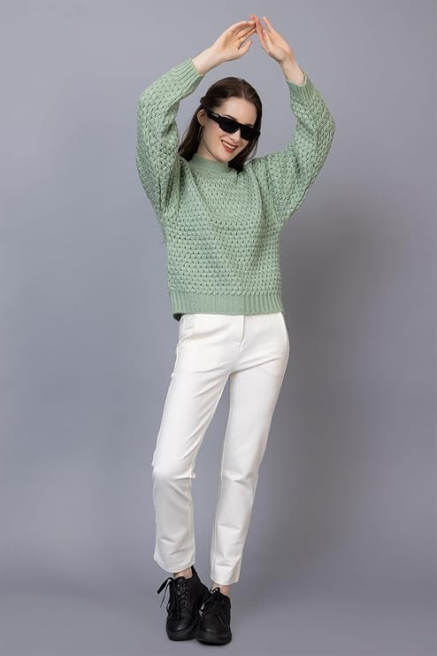 Women's Chunky Cable Knit Sweater | High Neck Full Sleeve Winter Pullover | Soft Warm Casual Knit Top for Women | Pista | Size-XL