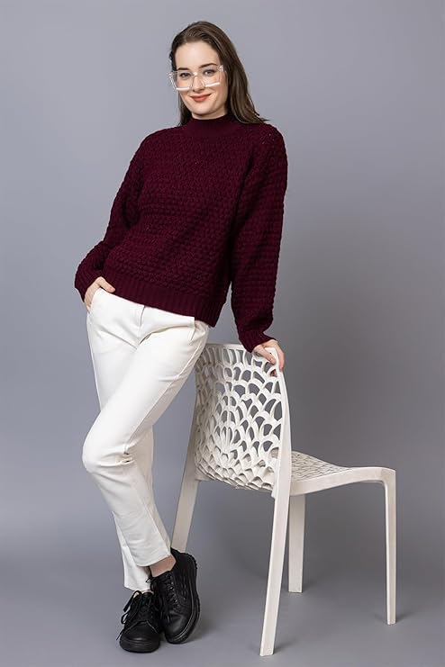 Women's Chunky Cable Knit Sweater | High Neck Full Sleeve Winter Pullover | Soft Warm Casual Knit Top for Women | Purple | Size-XXL