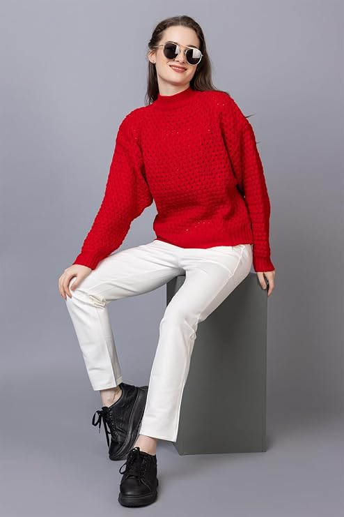 Women's Chunky Cable Knit Sweater | High Neck Full Sleeve Winter Pullover | Soft Warm Casual Knit Top for Women | Red | Size-XXL