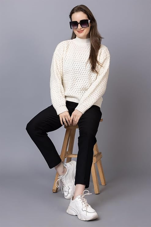 Women's Chunky Cable Knit Sweater | High Neck Full Sleeve Winter Pullover | Soft Warm Casual Knit Top for Women | White | Size-S
