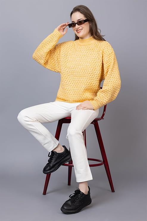 Women's Chunky Cable Knit Sweater | High Neck Full Sleeve Winter Pullover | Soft Warm Casual Knit Top for Women | Yellow | Size-S