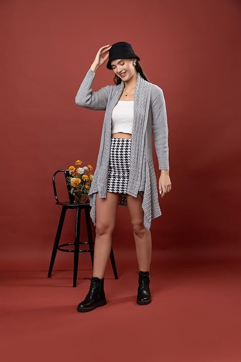 Women’s Knit Cardigan | Open Front Longline Sweater for Women | Full Sleeve Casual Winter Shrug with Textured Knit Design | Stylish Warm Layering Top for Women | Grey | Size-XXL