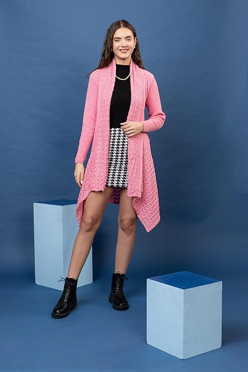 Women’s Knit Cardigan | Open Front Longline Sweater for Women | Full Sleeve Casual Winter Shrug with Textured Knit Design | Stylish Warm Layering Top for Women | Pink | Size-XXL
