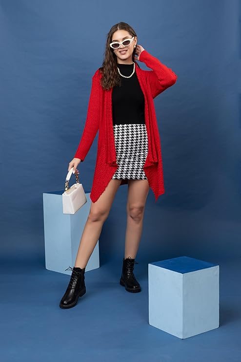 Women’s Knit Cardigan | Open Front Longline Sweater for Women | Full Sleeve Casual Winter Shrug with Textured Knit Design | Stylish Warm Layering Top for Women | Red | Size-XXL