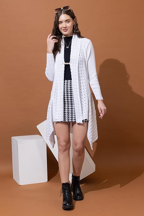 Women’s Knit Cardigan | Open Front Longline Sweater for Women | Full Sleeve Casual Winter Shrug with Textured Knit Design | Stylish Warm Layering Top for Women | White | Size-XXL