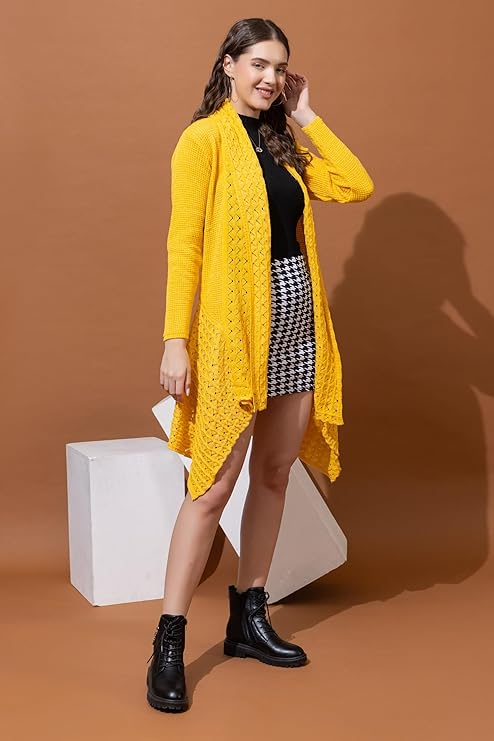 Women’s Knit Cardigan | Open Front Longline Sweater for Women | Full Sleeve Casual Winter Shrug with Textured Knit Design | Stylish Warm Layering Top for Women | Yellow | Size-XXL
