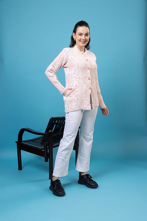 Women’s Printed Knitted Sweater | Full Sleeve Button Front Round Neck Winter Pullover | Soft Warm Floral Pattern Casual Sweater for Women | Stylish Daily Wear Winter Top | Bawa | Size-M