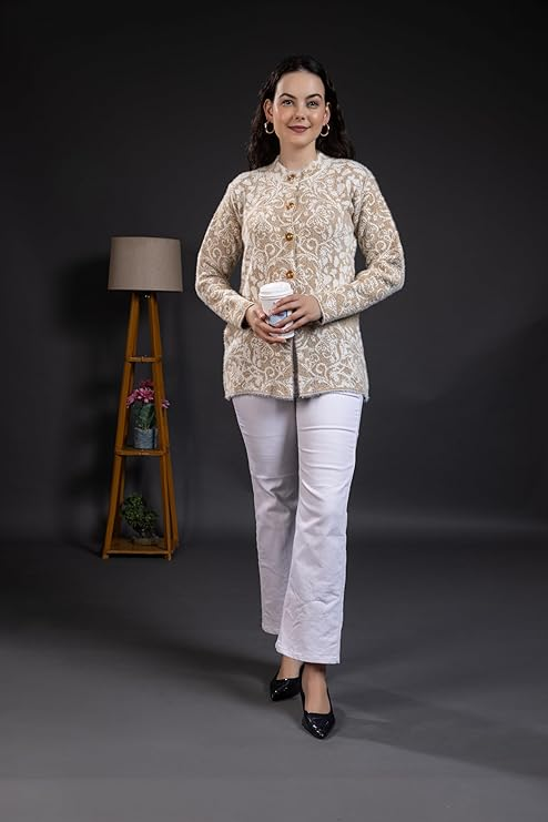 Women’s Printed Knitted Sweater | Full Sleeve Button Front Round Neck Winter Pullover | Soft Warm Floral Pattern Casual Sweater for Women | Stylish Daily Wear Winter Top | Camel| Size-M