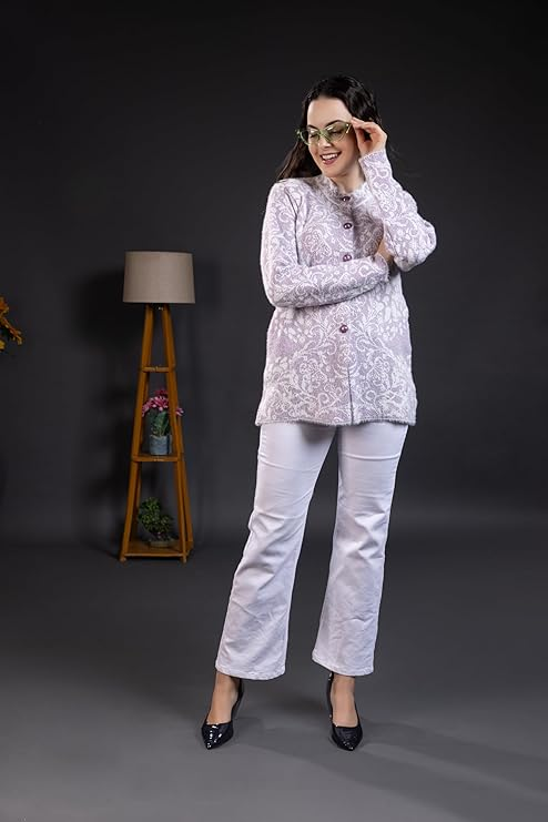 Women’s Printed Knitted Sweater | Full Sleeve Button Front Round Neck Winter Pullover | Soft Warm Floral Pattern Casual Sweater for Women | Stylish Daily Wear Winter Top | Lavender| Size-M
