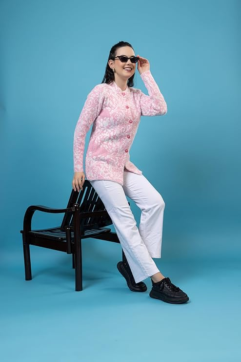 Women’s Printed Knitted Sweater | Full Sleeve Button Front Round Neck Winter Pullover | Soft Warm Floral Pattern Casual Sweater for Women | Stylish Daily Wear Winter Top | Pink | Size-M