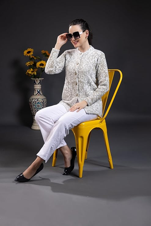 Women’s Printed Knitted Sweater | Full Sleeve Button Front Round Neck Winter Pullover | Soft Warm Floral Pattern Casual Sweater for Women | Stylish Daily Wear Winter Top | Pista | Size-M