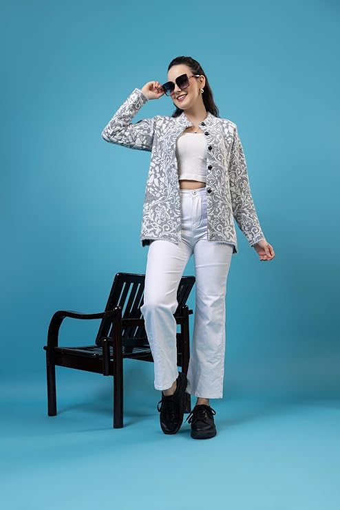 Women’s Printed Knitted Sweater | Full Sleeve Button Front Round Neck Winter Pullover | Soft Warm Floral Pattern Casual Sweater for Women | Stylish Daily Wear Winter Top | White | Size-M