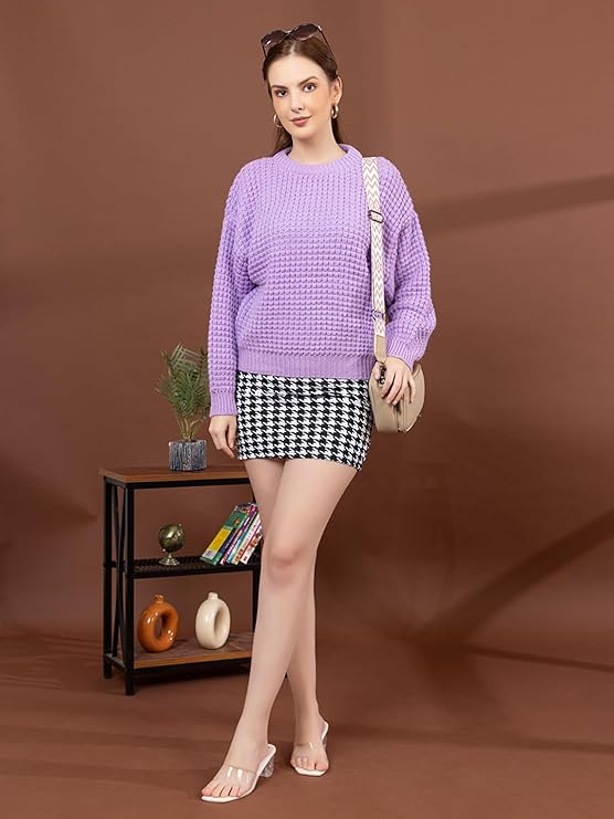 Women’s Knitted Sweater | Textured Round Neck Full Sleeve Winter Pullover | Soft Warm Casual Sweater for Women | Stylish Ribbed Knit Daily Wear Winter Top | Lavender | Size-XXL