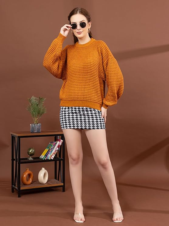 Women’s Knitted Sweater | Textured Round Neck Full Sleeve Winter Pullover | Soft Warm Casual Sweater for Women | Stylish Ribbed Knit Daily Wear Winter Top | Musturd | Size-XXL