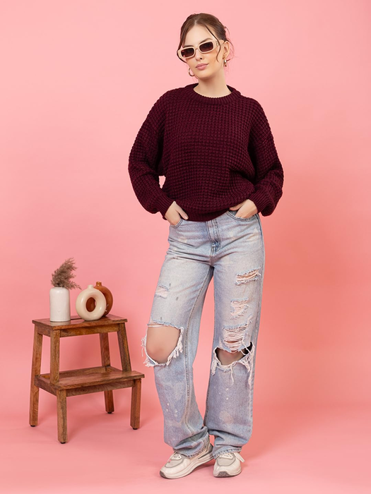 Women’s Knitted Sweater | Textured Round Neck Full Sleeve Winter Pullover | Soft Warm Casual Sweater for Women | Stylish Ribbed Knit Daily Wear Winter Top | Mehroon | Size-XXL