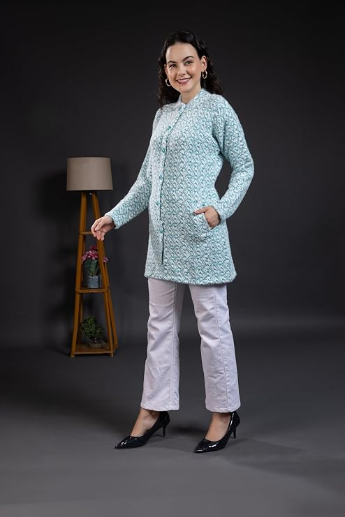 Women’s Knitted Cardigan Sweater | Full Sleeve Button Front Longline Winter Pullover | Soft Textured Casual Sweater for Women | Stylish Round Neck Warm Daily Wear Top | Aqua Blue | Size-M
