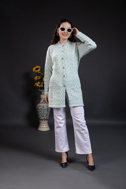 Women’s Knitted Cardigan Sweater | Full Sleeve Button Front Longline Winter Pullover | Soft Textured Casual Sweater for Women | Stylish Round Neck Warm Daily Wear Top | Firozi | Size-M