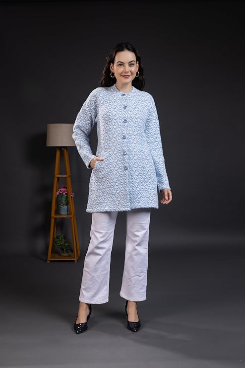 Women’s Knitted Cardigan Sweater | Full Sleeve Button Front Longline Winter Pullover | Soft Textured Casual Sweater for Women | Stylish Round Neck Warm Daily Wear Top | Light Blue | Size-M