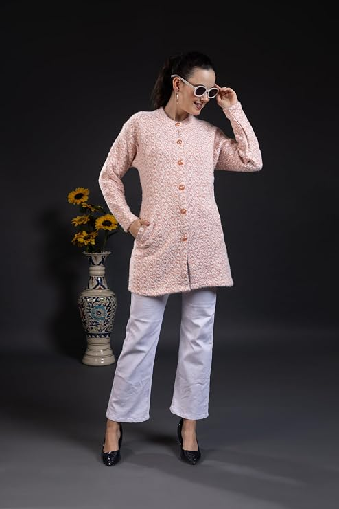 Women’s Knitted Cardigan Sweater | Full Sleeve Button Front Longline Winter Pullover | Soft Textured Casual Sweater for Women | Stylish Round Neck Warm Daily Wear Top | Orange | Size-M