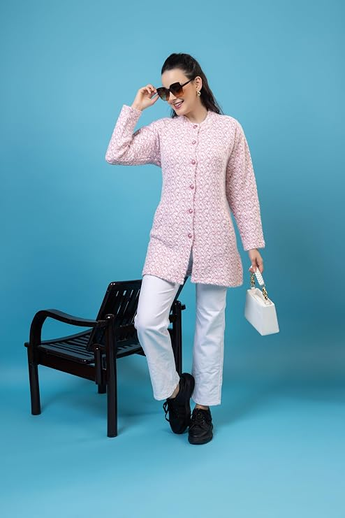 Women’s Knitted Cardigan Sweater | Full Sleeve Button Front Longline Winter Pullover | Soft Textured Casual Sweater for Women | Stylish Round Neck Warm Daily Wear Top | Pink | Size-M