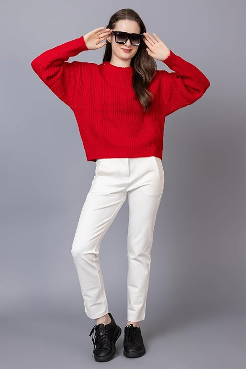 Ladies Casual Cable Knit Winter Sweater for Everyday Wear - Red- Size- XL
