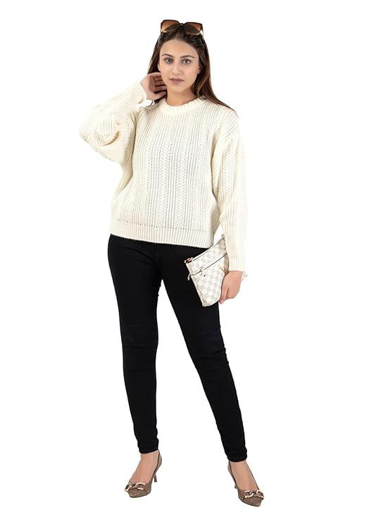 Ladies Casual Cable Knit Winter Sweater for Everyday Wear - White- Size- XXL