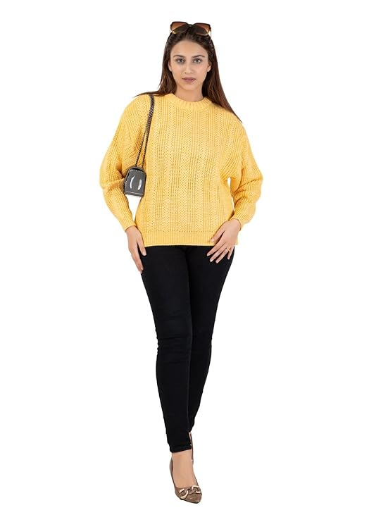 Ladies Casual Cable Knit Winter Sweater for Everyday Wear - Yellow- Size- XXL